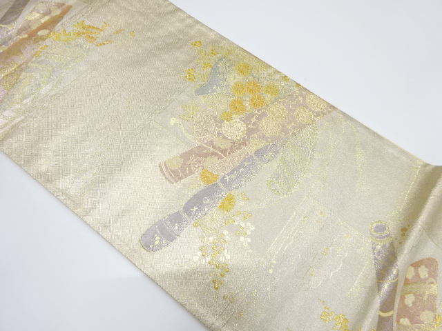 JAPANESE KIMONO / VINTAGE FUKURO OBI / SILK / WOVEN BUSH CLOVER & KIKU